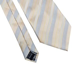 Hermes Paris 100% Silk Hand Made Striped Necktie‎ Men's Luxury Blue Tan Cream